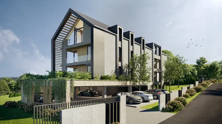 Az apartmanház utcai homlokzata