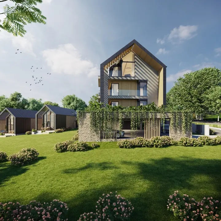 Az apartmanház a kertből