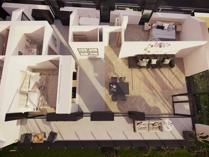 A tetőtéri apartman nappalija és étkezője, 3D látványterv